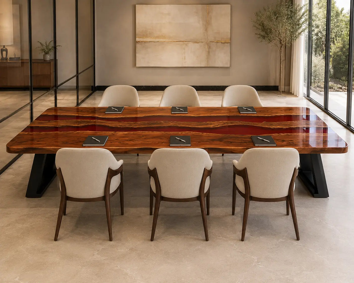 ECTFC34 Crimson Agenda Ruby Red Epoxy Walnut Conference Table featuring handcrafted walnut wood and ruby red resin-5