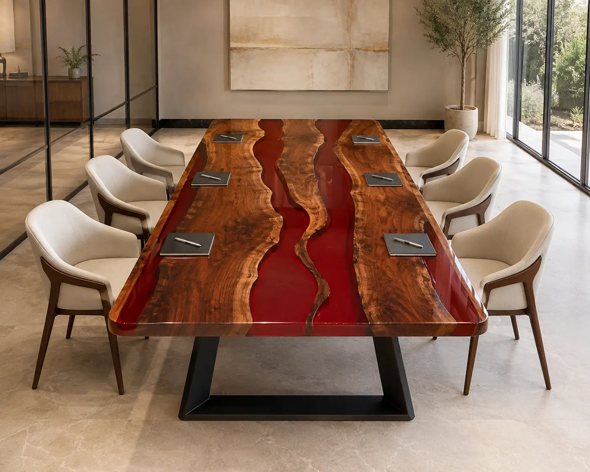 ECTFC34 Crimson Agenda Ruby Red Epoxy Walnut Conference Table featuring handcrafted walnut wood and ruby red resin
