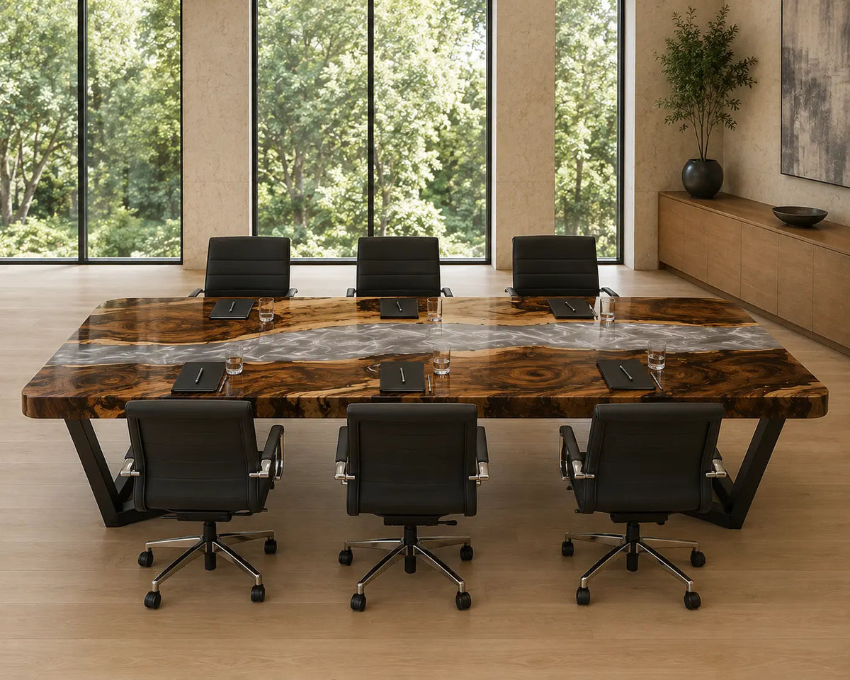 ECTFC35 Pearl Conference Pearl White Epoxy Walnut Conference Table featuring handcrafted walnut wood and pearl white resin-3