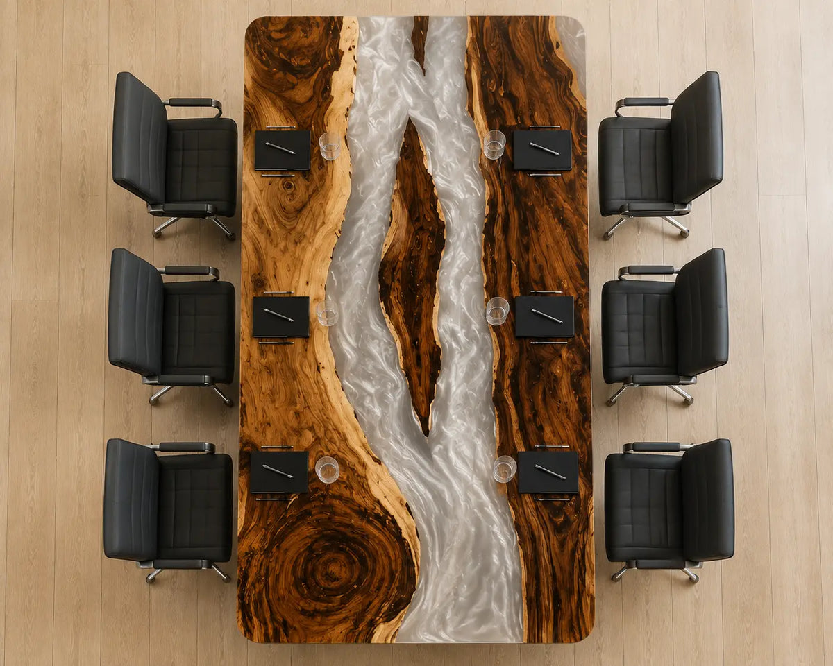 ECTFC35 Pearl Conference Pearl White Epoxy Walnut Conference Table featuring handcrafted walnut wood and pearl white resin-4
