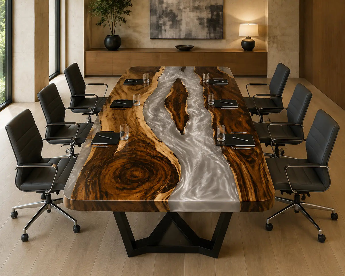 ECTFC35 Pearl Conference Pearl White Epoxy Walnut Conference Table featuring handcrafted walnut wood and pearl white resin