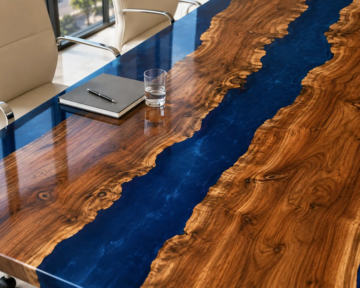 ECTFC36 Coastal Council Cobalt Blue Clear Epoxy Walnut Conference Table featuring handcrafted walnut wood and cobalt blue clear resin-1