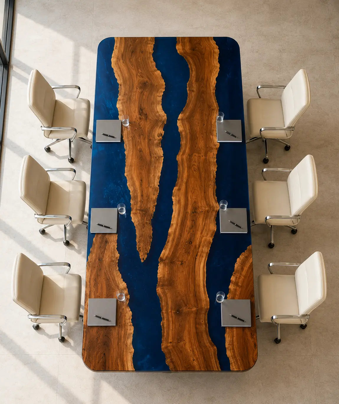 ECTFC36 Coastal Council Cobalt Blue Clear Epoxy Walnut Conference Table featuring handcrafted walnut wood and cobalt blue clear resin-3
