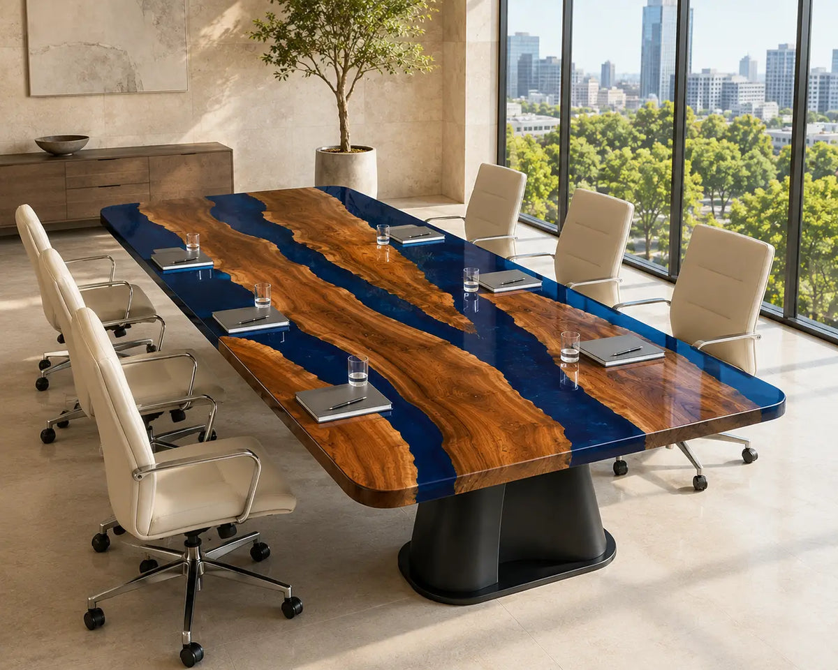 ECTFC36 Coastal Council Cobalt Blue Clear Epoxy Walnut Conference Table featuring handcrafted walnut wood and cobalt blue clear resin-4