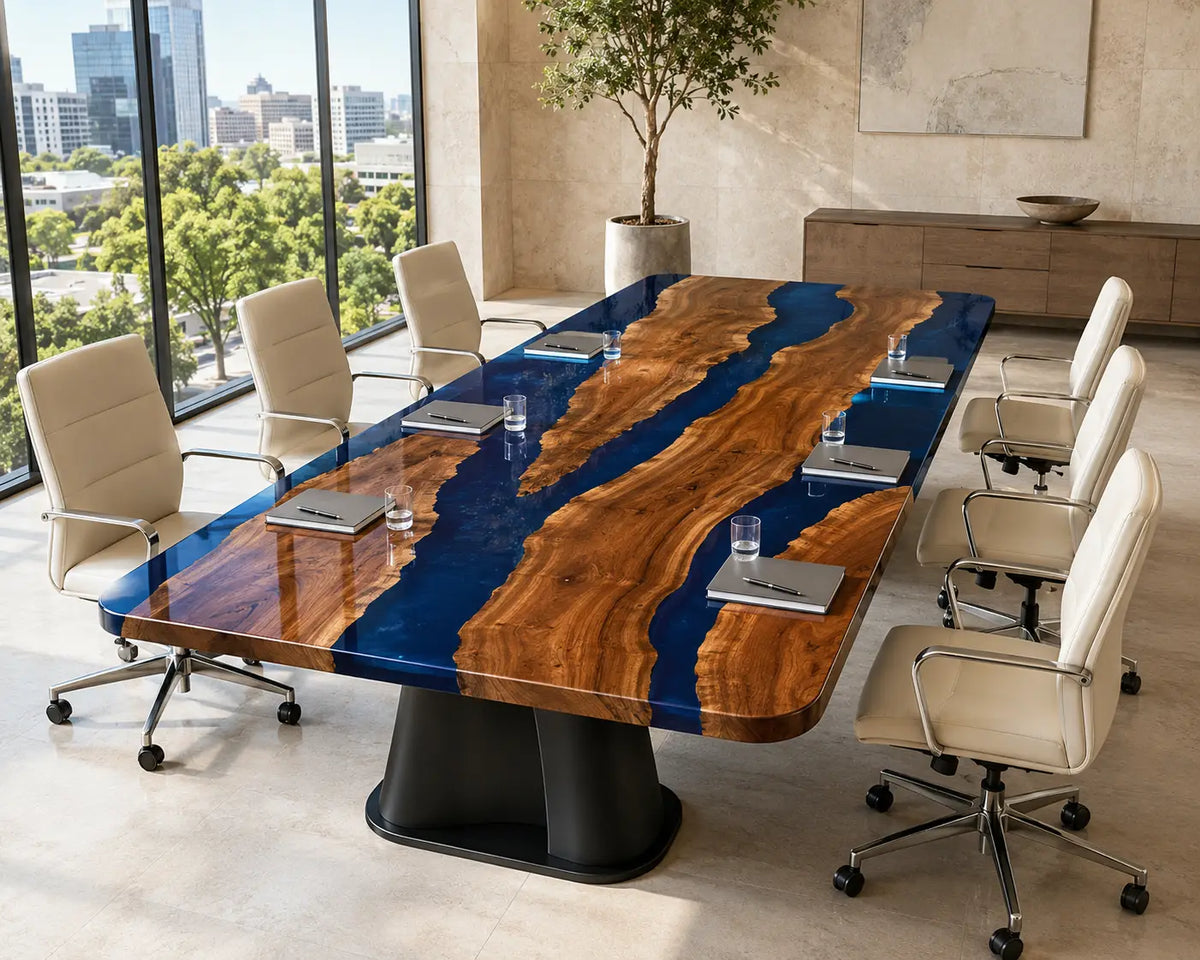 ECTFC36 Coastal Council Cobalt Blue Clear Epoxy Walnut Conference Table featuring handcrafted walnut wood and cobalt blue clear resin