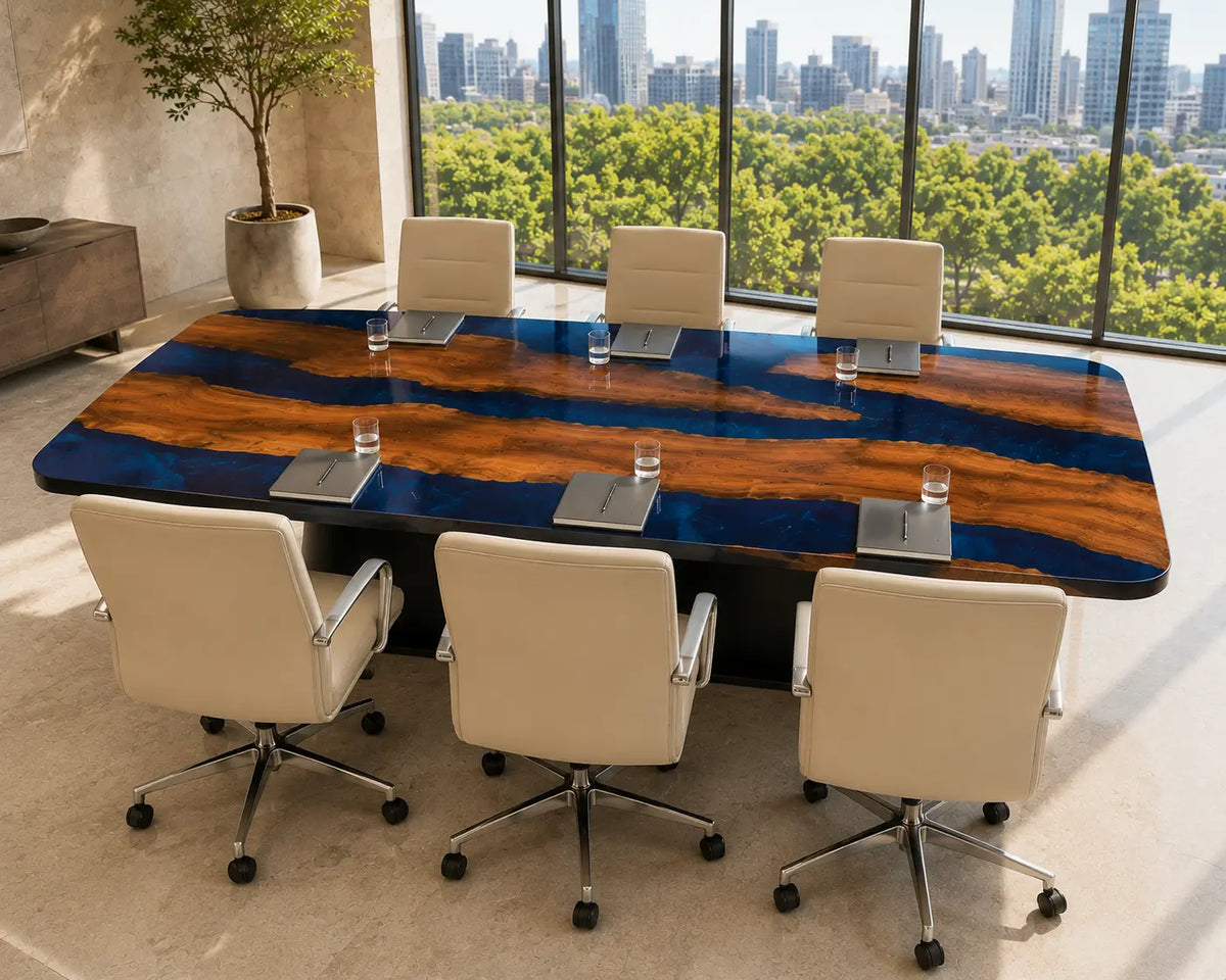 ECTFC36 Coastal Council Cobalt Blue Clear Epoxy Walnut Conference Table featuring handcrafted walnut wood and cobalt blue clear resin-5
