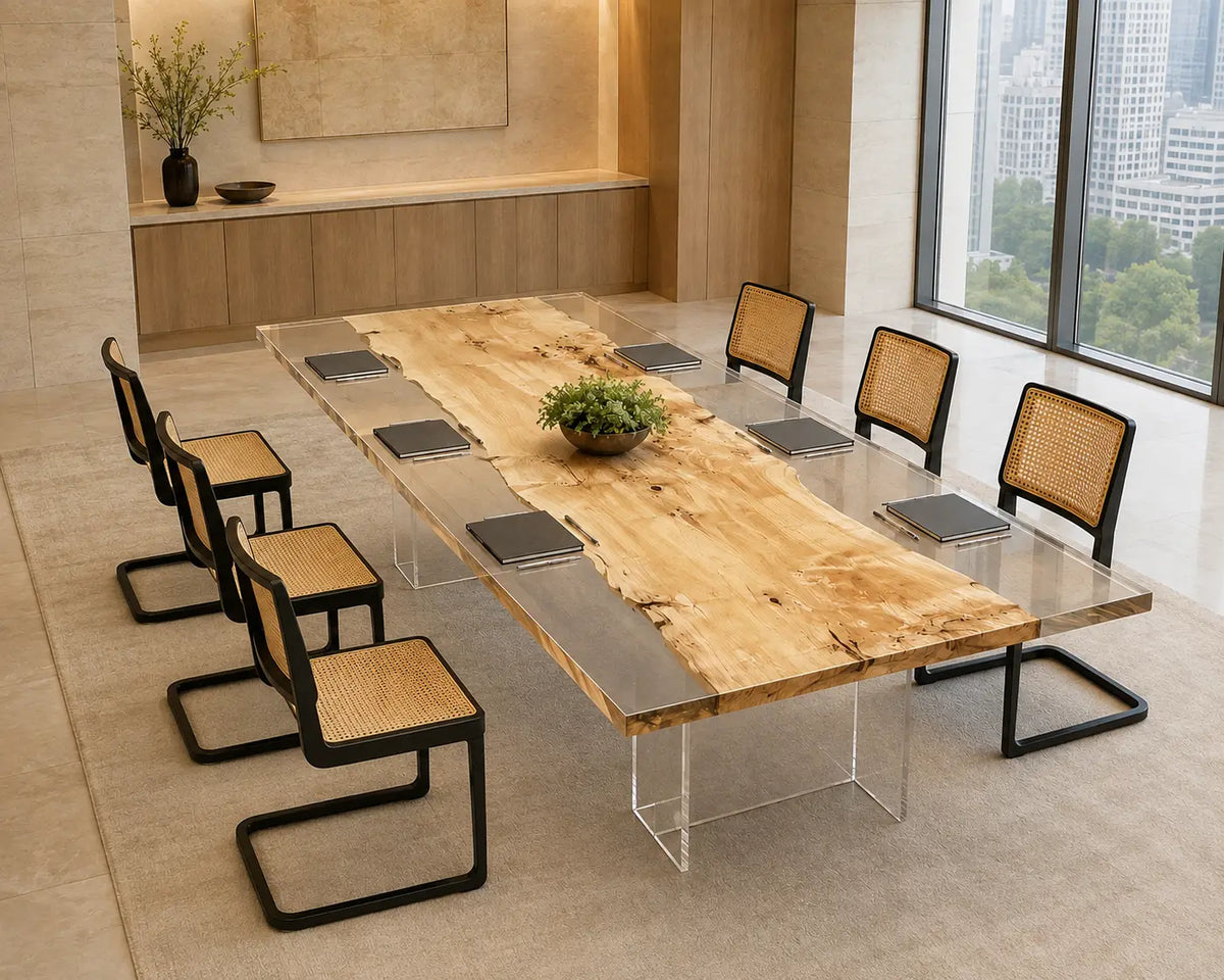 ECTFC37 Clear Edge Forum Crystal Clear Epoxy Poplar Conference Table featuring handcrafted poplar wood and crystal clear resin