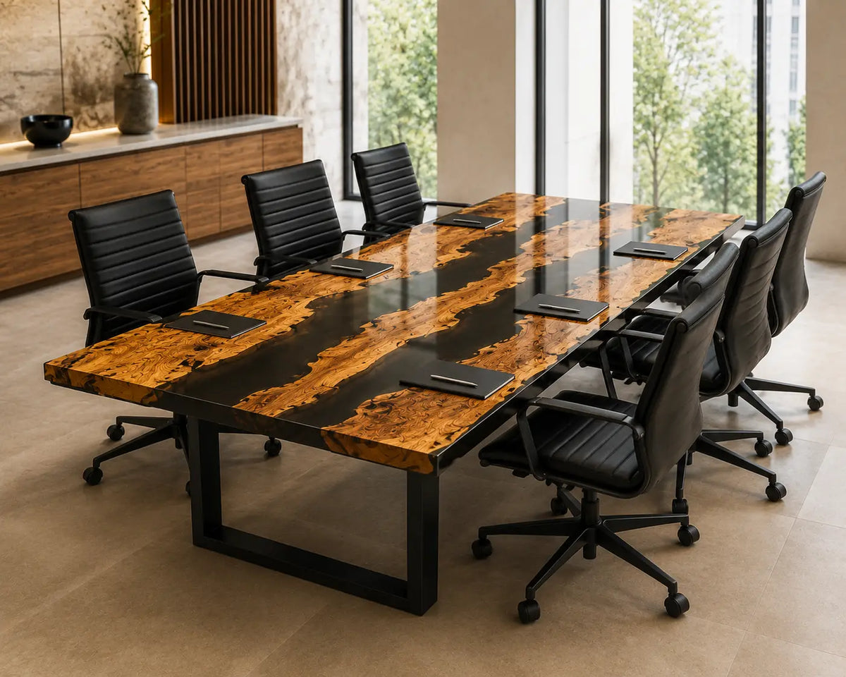 ECTFC38 Timber Strategy Black Epoxy Poplar Conference Table featuring handcrafted poplar wood and black resin