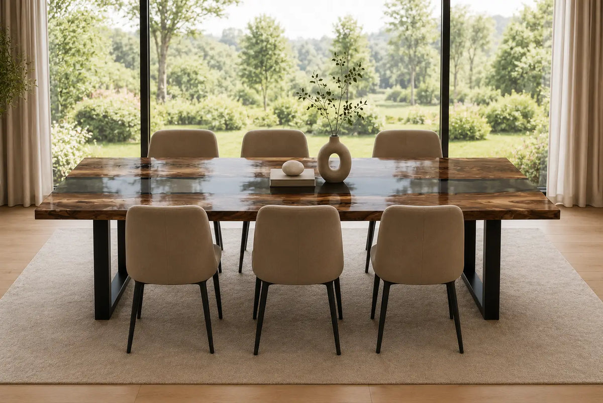 EDTC01 Shadow Glass Smoky Clear Epoxy Black Walnut Dining Table featuring handcrafted black walnut and smoky clear resin