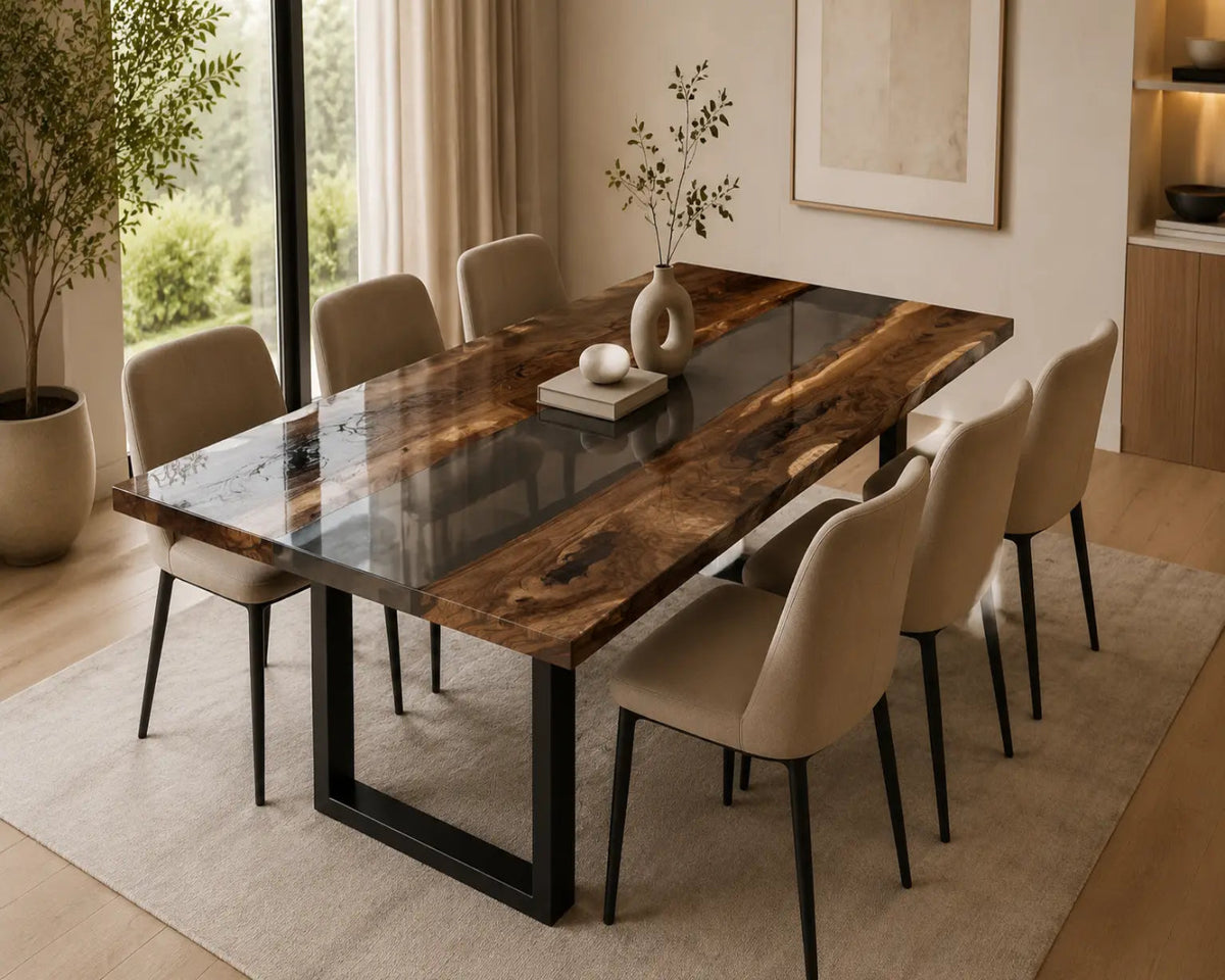 EDTC01 Shadow Glass Smoky Clear Epoxy Black Walnut Dining Table featuring handcrafted black walnut and smoky clear resin-2
