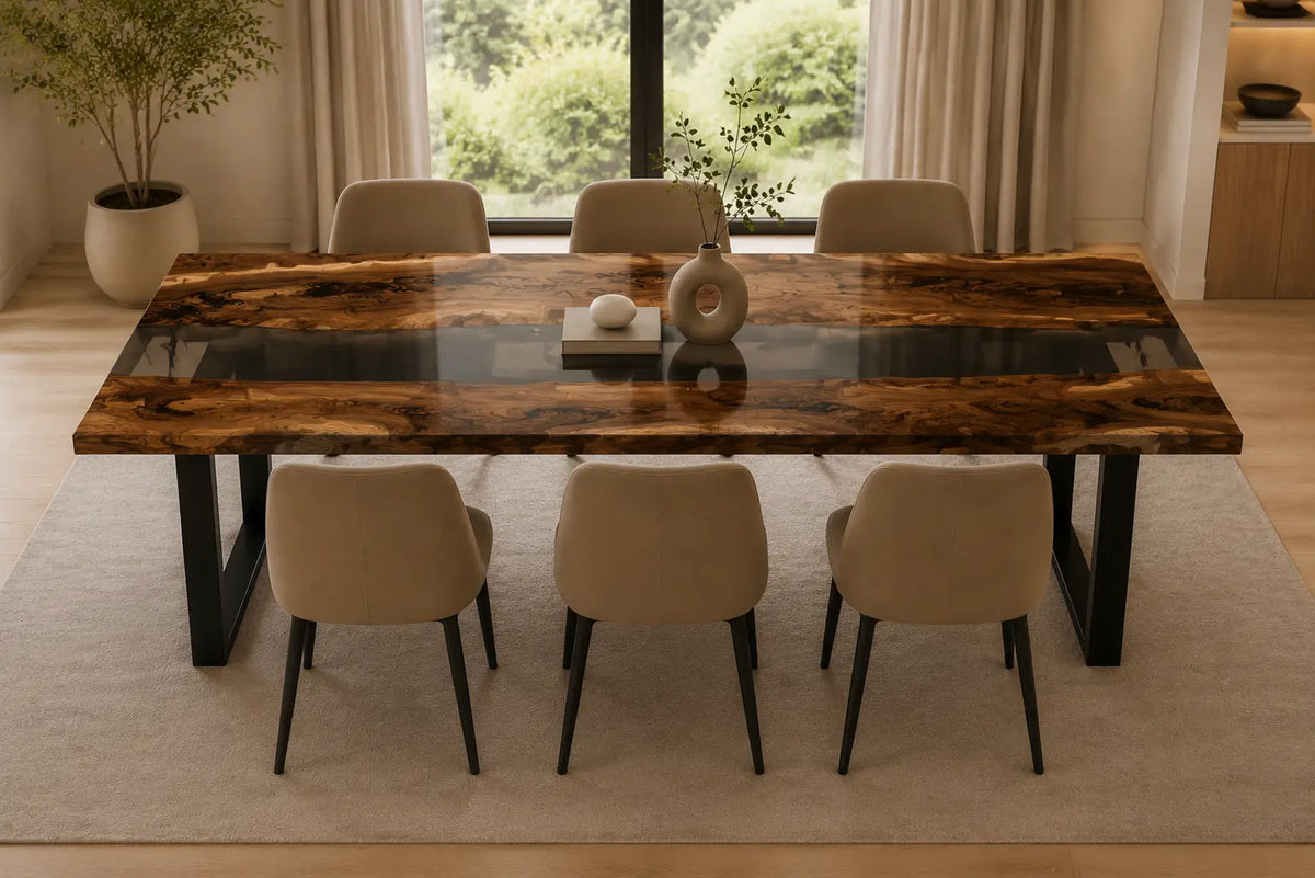 EDTC01 Shadow Glass Smoky Clear Epoxy Black Walnut Dining Table featuring handcrafted black walnut and smoky clear resin-5