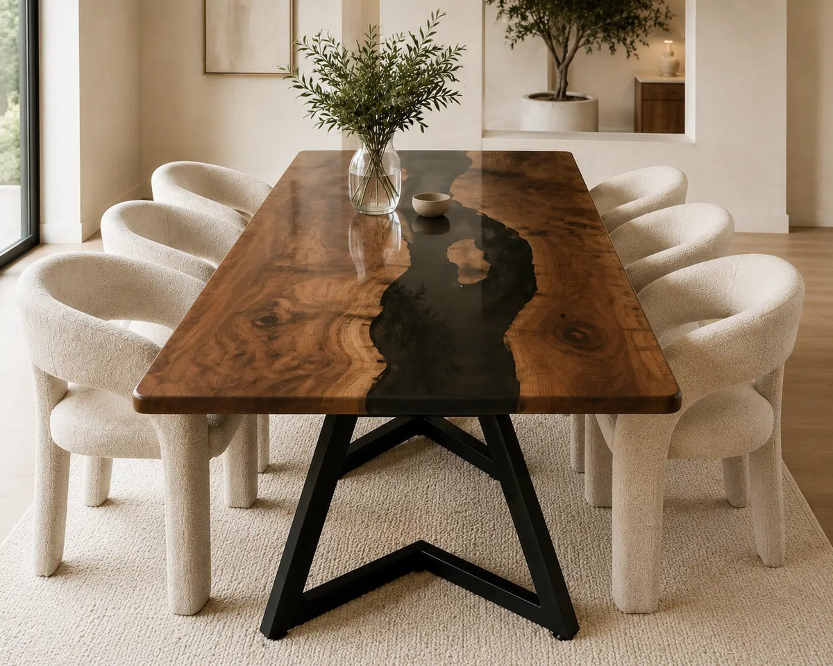 EDTC02 Onyx Passage Black Epoxy Black Walnut Dining Table featuring handcrafted black walnut and black resin