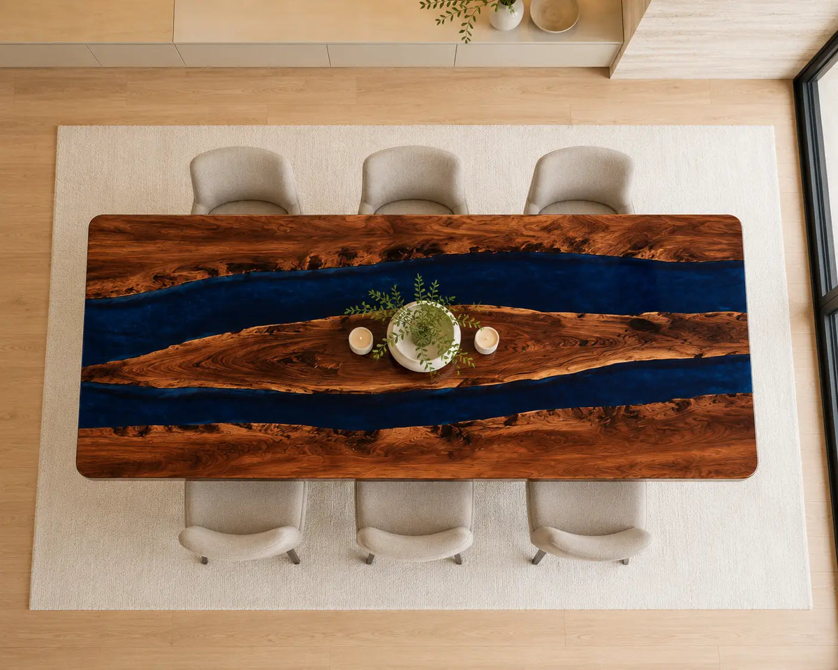 EDTC03 Cobalt Twin Cobalt Blue Epoxy Black Walnut Dining Table featuring handcrafted black walnut and cobalt blue resin