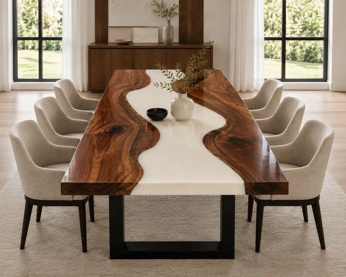 EDTC04 Ivory Drift Pearl White Epoxy Black Walnut Dining Table featuring handcrafted black walnut and pearl white resin