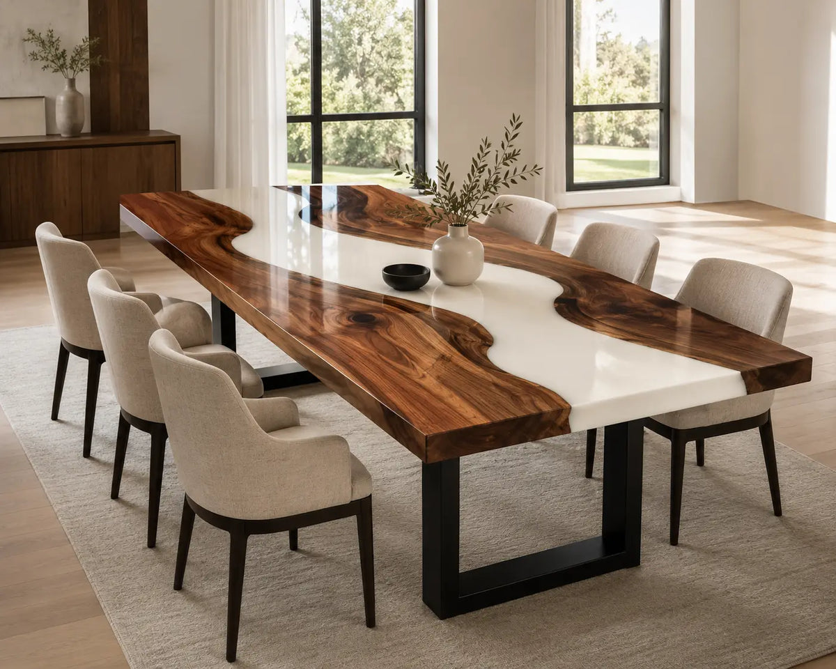 EDTC04 Ivory Drift Pearl White Epoxy Black Walnut Dining Table featuring handcrafted black walnut and pearl white resin-2
