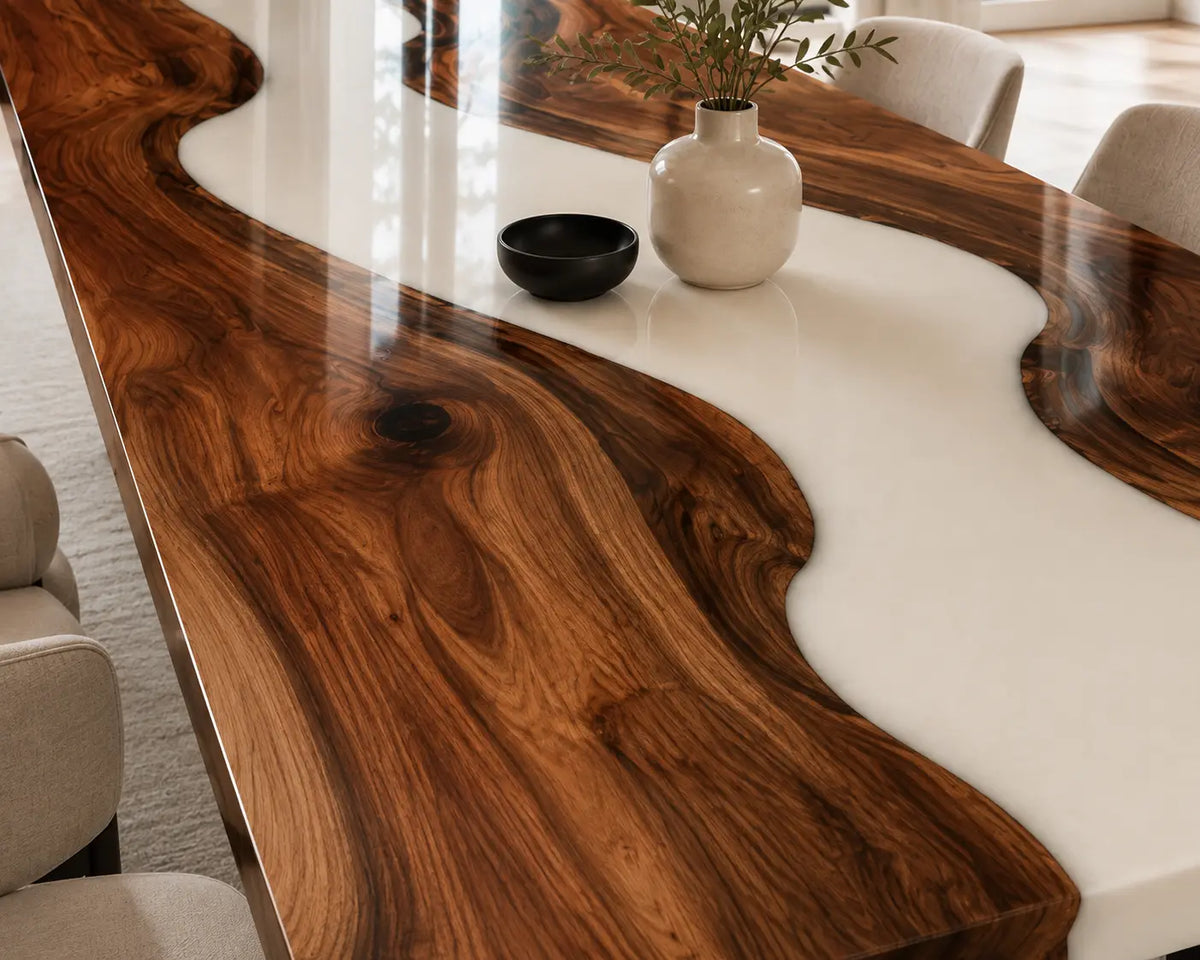EDTC04 Ivory Drift Pearl White Epoxy Black Walnut Dining Table featuring handcrafted black walnut and pearl white resin-3