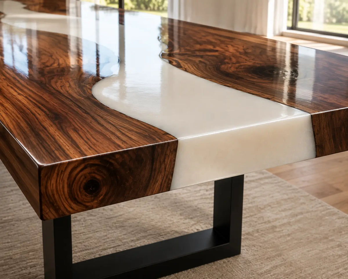 EDTC04 Ivory Drift Pearl White Epoxy Black Walnut Dining Table featuring handcrafted black walnut and pearl white resin-4