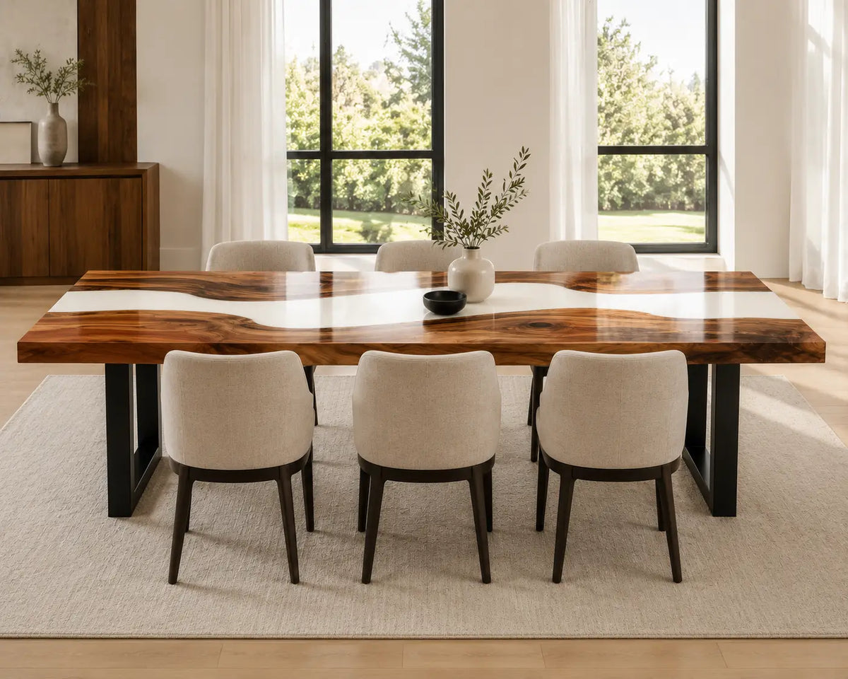 EDTC04 Ivory Drift Pearl White Epoxy Black Walnut Dining Table featuring handcrafted black walnut and pearl white resin-5
