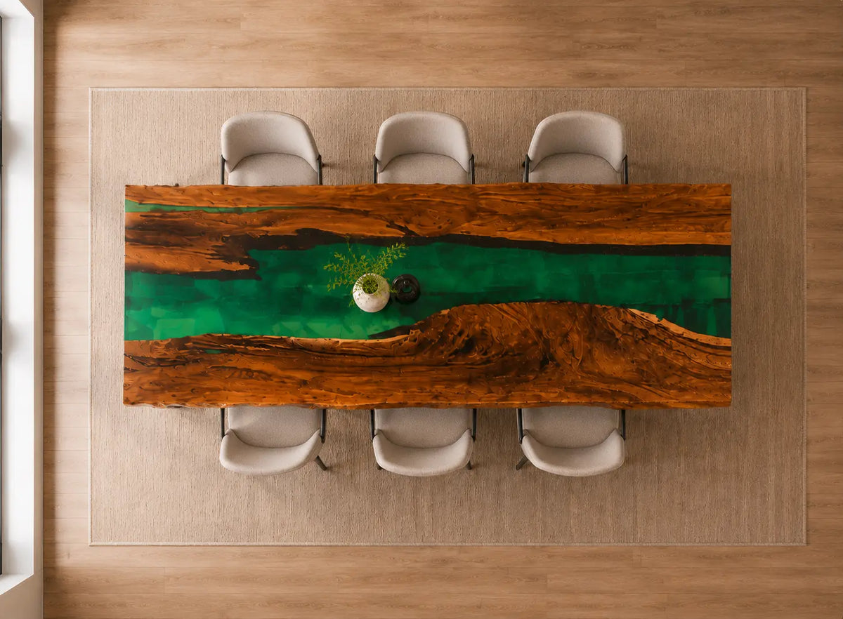 EDTC05 Emerald Run Emerald Green Epoxy Walnut Dining Table featuring handcrafted walnut wood and emerald green resin-1