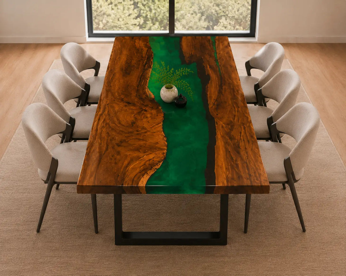 EDTC05 Emerald Run Emerald Green Epoxy Walnut Dining Table featuring handcrafted walnut wood and emerald green resin
