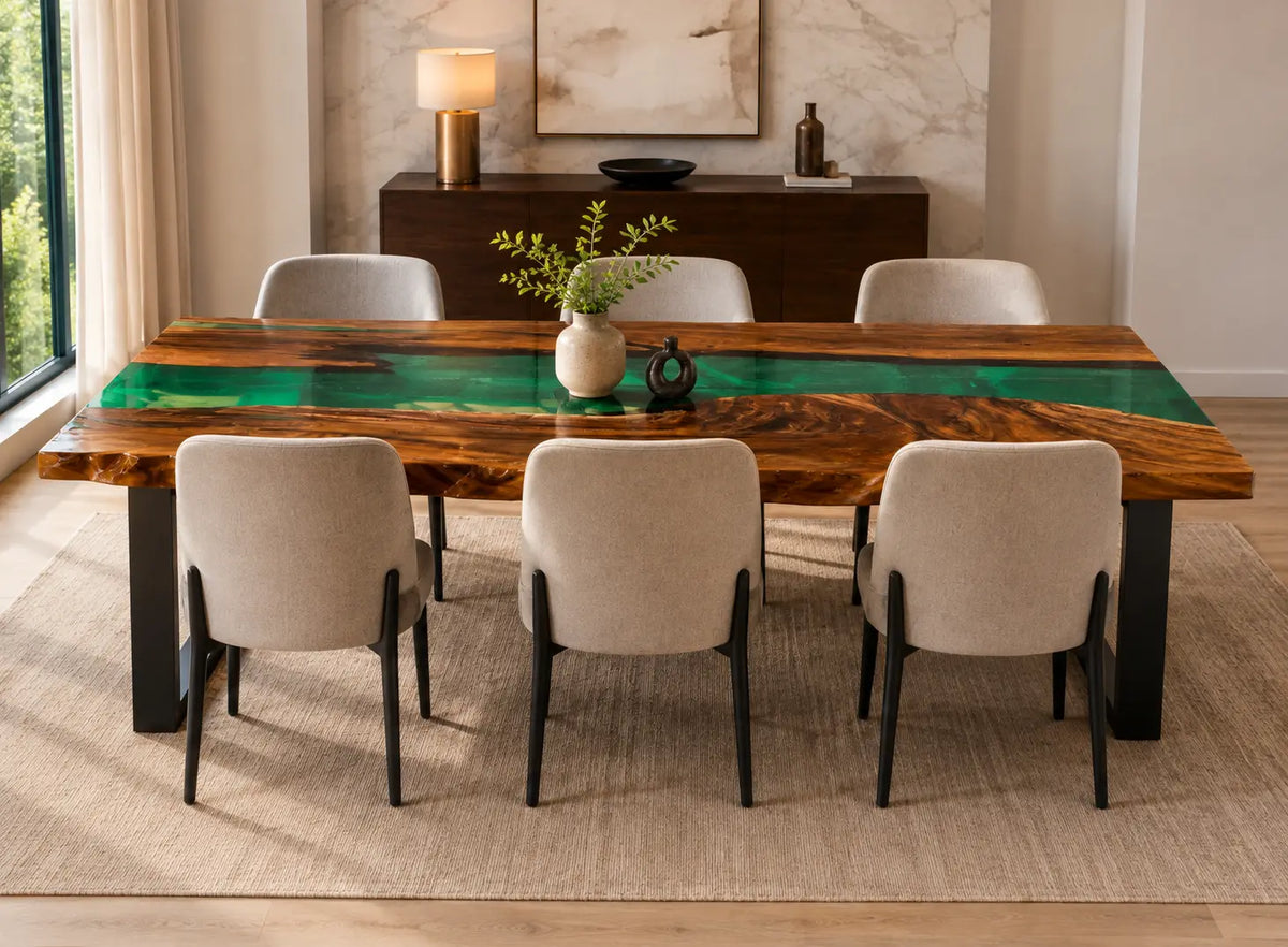 EDTC05 Emerald Run Emerald Green Epoxy Walnut Dining Table featuring handcrafted walnut wood and emerald green resin-3