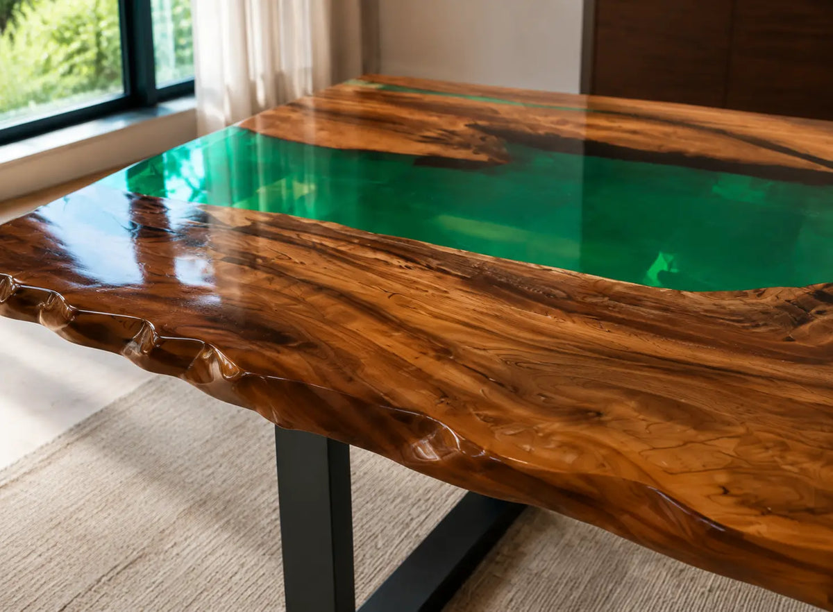 EDTC05 Emerald Run Emerald Green Epoxy Walnut Dining Table featuring handcrafted walnut wood and emerald green resin-4