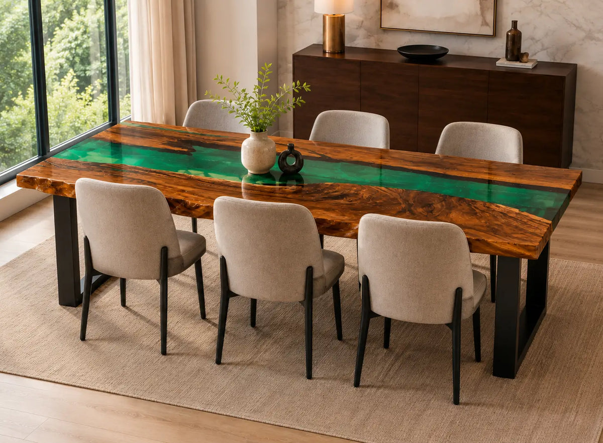 EDTC05 Emerald Run Emerald Green Epoxy Walnut Dining Table featuring handcrafted walnut wood and emerald green resin-6