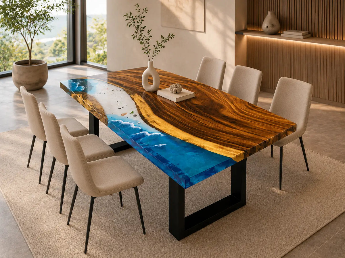 EDTC06 Coastal Break Ocean Blue Epoxy Walnut Dining Table featuring handcrafted walnut wood and ocean blue resin