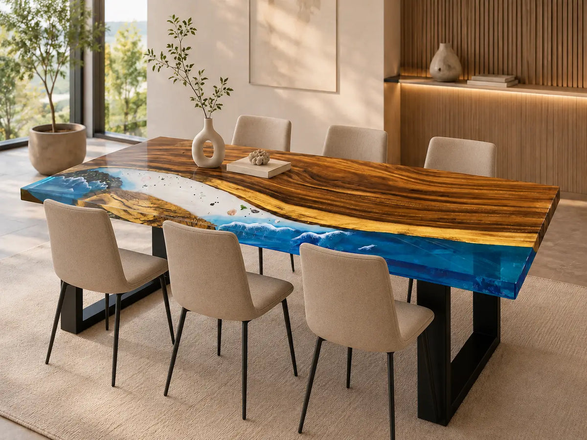 EDTC06 Coastal Break Ocean Blue Epoxy Walnut Dining Table featuring handcrafted walnut wood and ocean blue resin-2