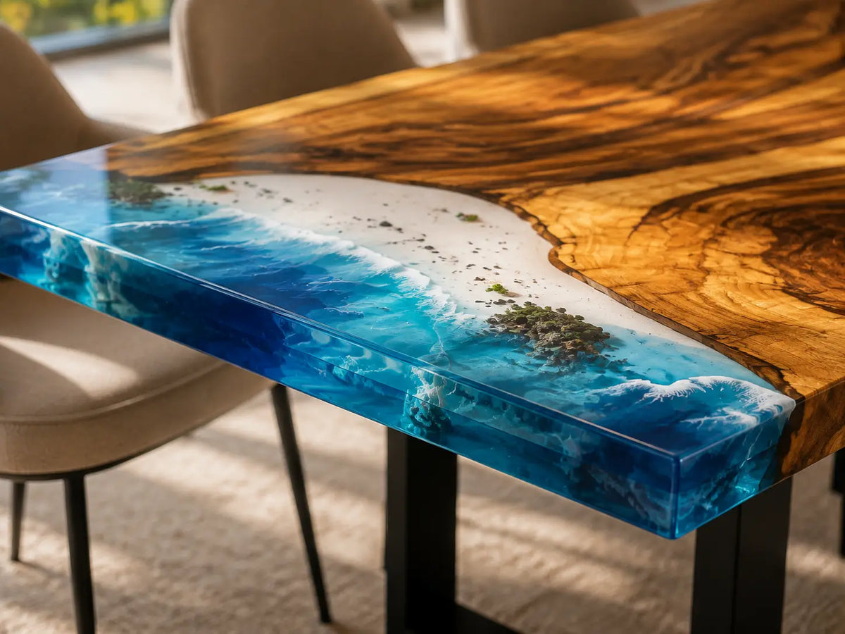 EDTC06 Coastal Break Ocean Blue Epoxy Walnut Dining Table featuring handcrafted walnut wood and ocean blue resin-3
