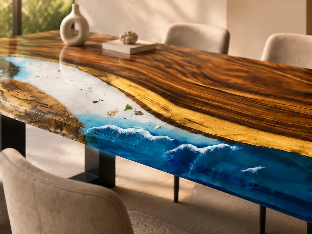 EDTC06 Coastal Break Ocean Blue Epoxy Walnut Dining Table featuring handcrafted walnut wood and ocean blue resin-4