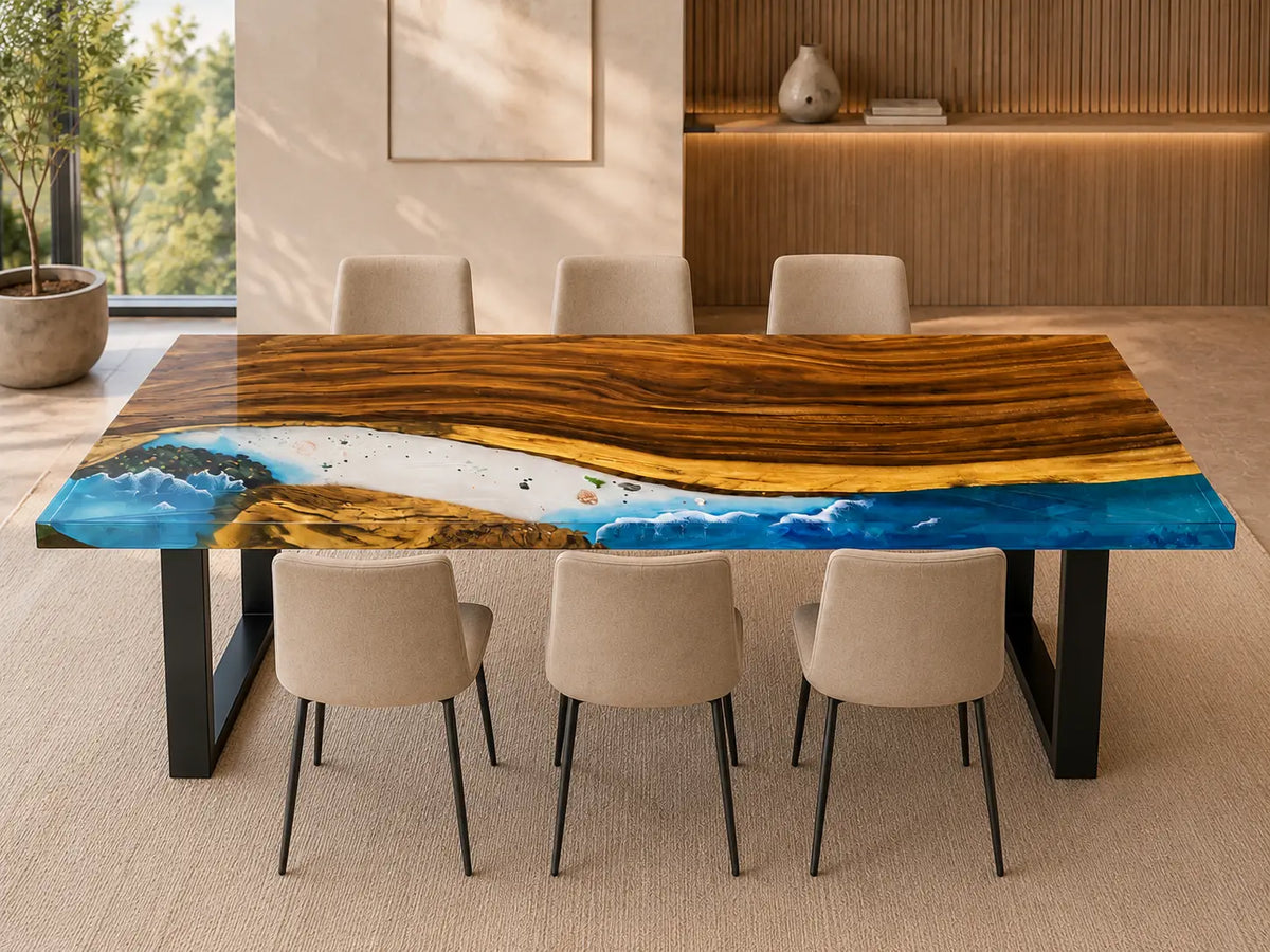 EDTC06 Coastal Break Ocean Blue Epoxy Walnut Dining Table featuring handcrafted walnut wood and ocean blue resin-5