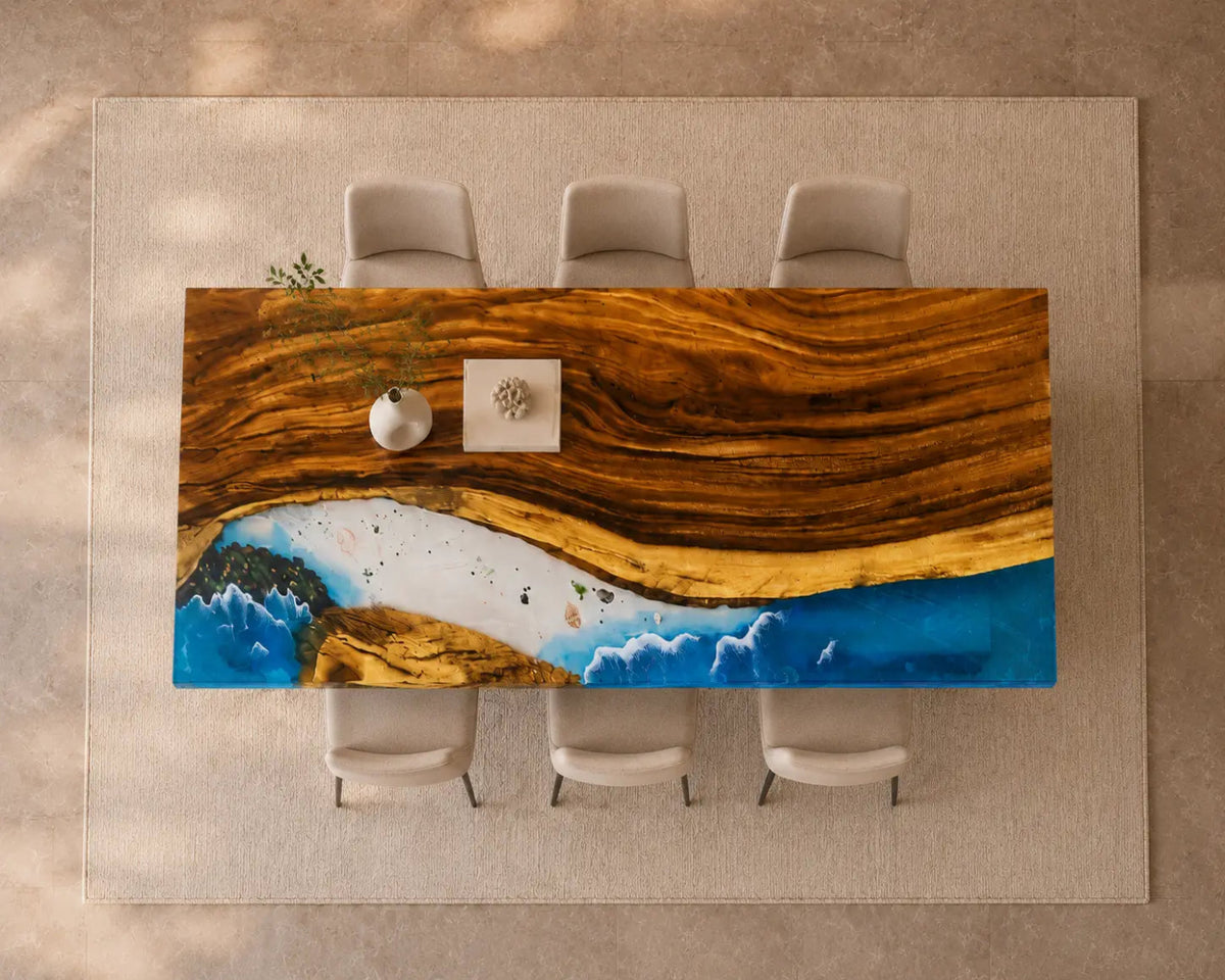 EDTC06 Coastal Break Ocean Blue Epoxy Walnut Dining Table featuring handcrafted walnut wood and ocean blue resin-6