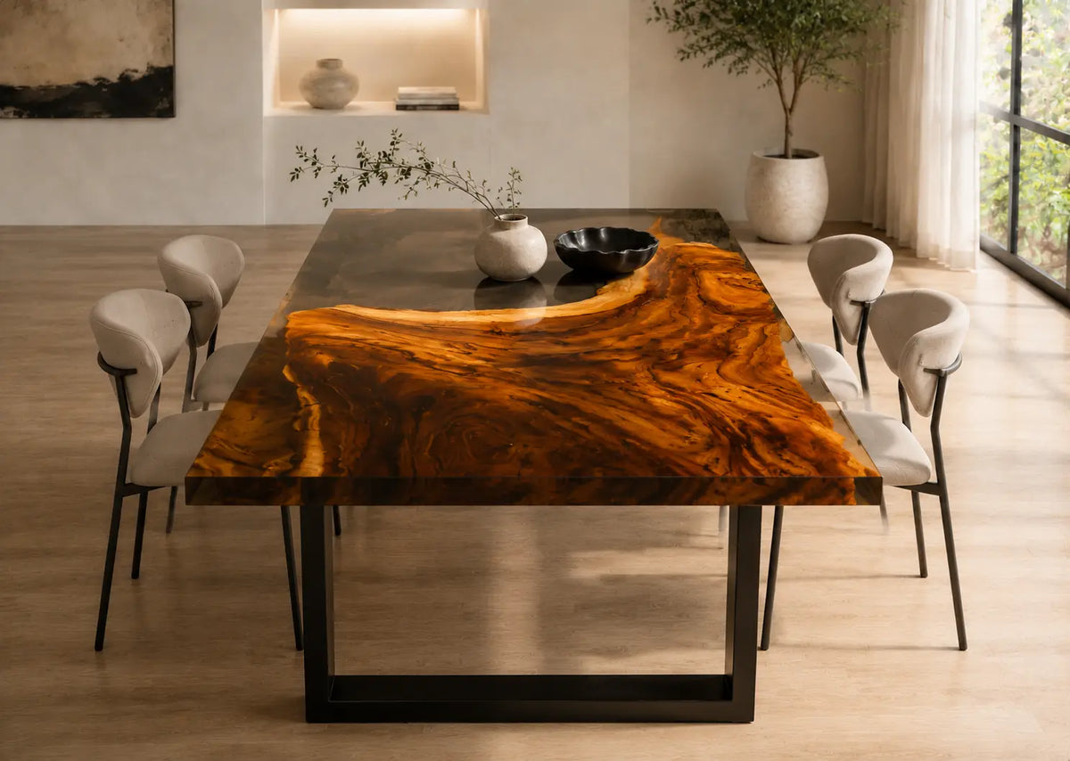 EDTC07 Obsidian Cove Black Epoxy Walnut Dining Table featuring handcrafted walnut wood and black resin