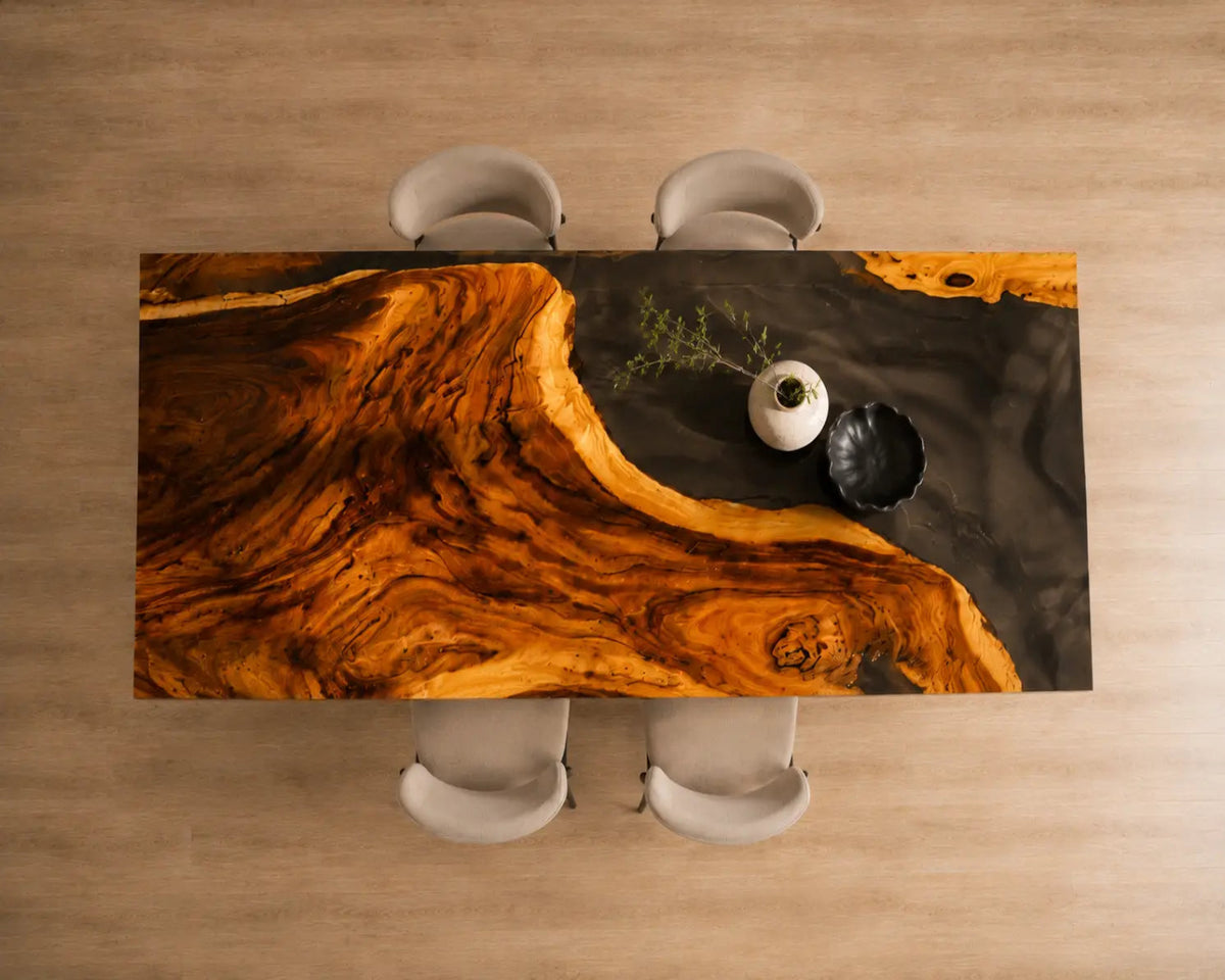 EDTC07 Obsidian Cove Black Epoxy Walnut Dining Table featuring handcrafted walnut wood and black resin-6