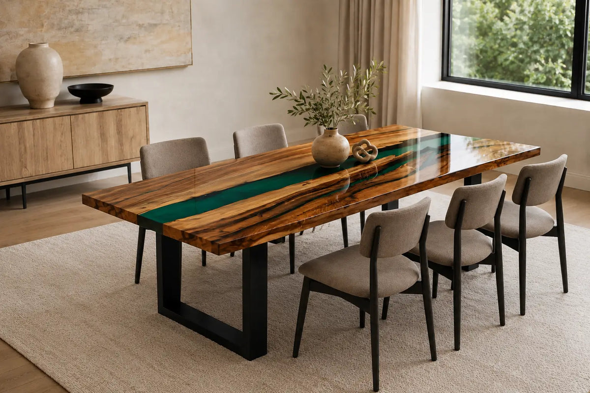 EDTC08 Verdant Strait Turquoise Epoxy Walnut Dining Table featuring handcrafted walnut wood and turquoise resin