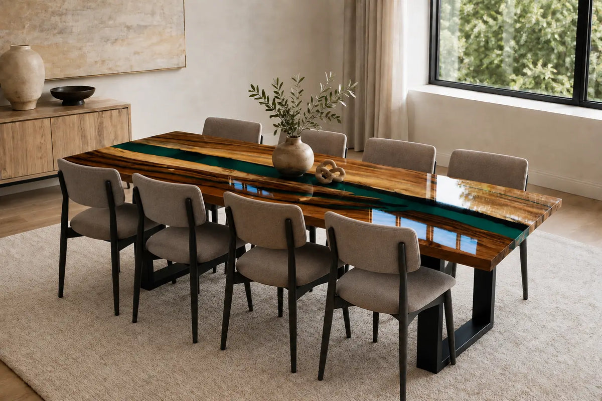 EDTC08 Verdant Strait Turquoise Epoxy Walnut Dining Table featuring handcrafted walnut wood and turquoise resin-5