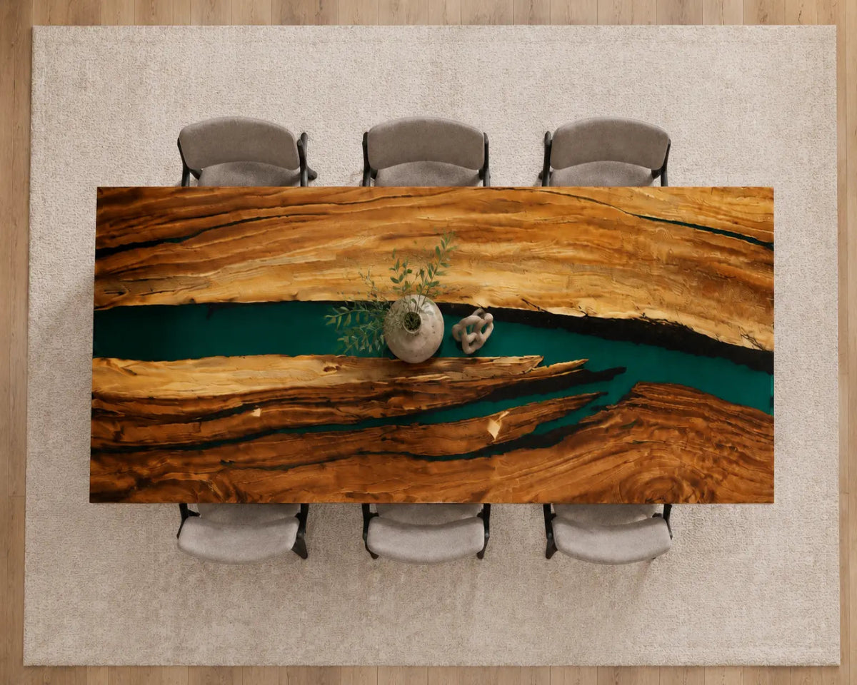 EDTC08 Verdant Strait Turquoise Epoxy Walnut Dining Table featuring handcrafted walnut wood and turquoise resin-6