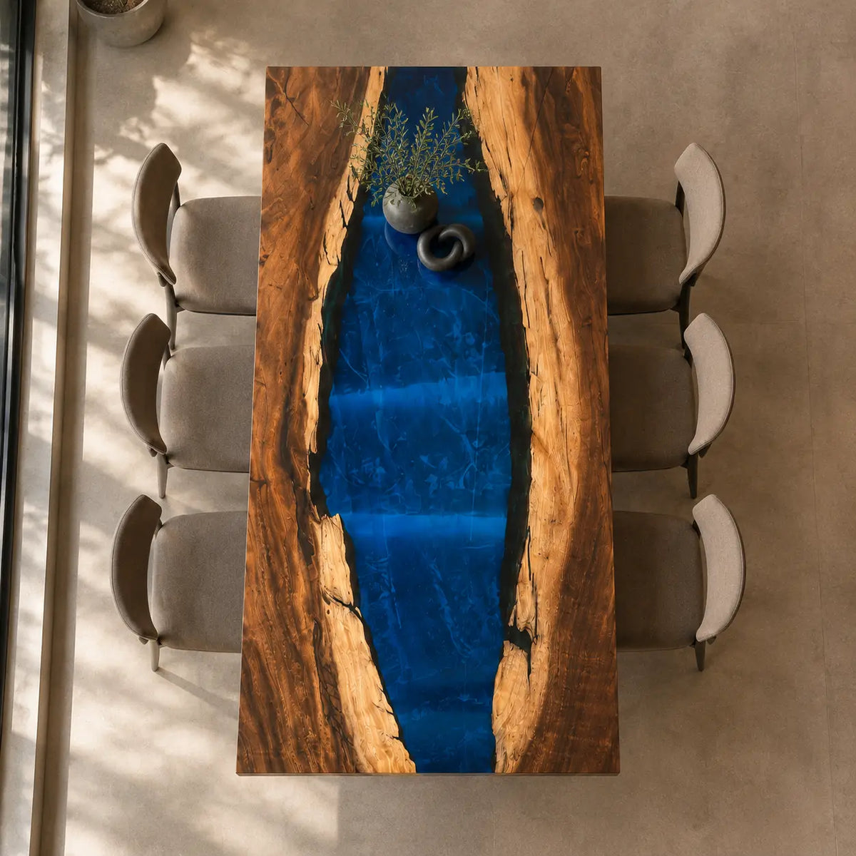 EDTC09 Deepwater Hollow Deep Blue Epoxy Walnut Dining Table featuring handcrafted walnut wood and deep blue resin