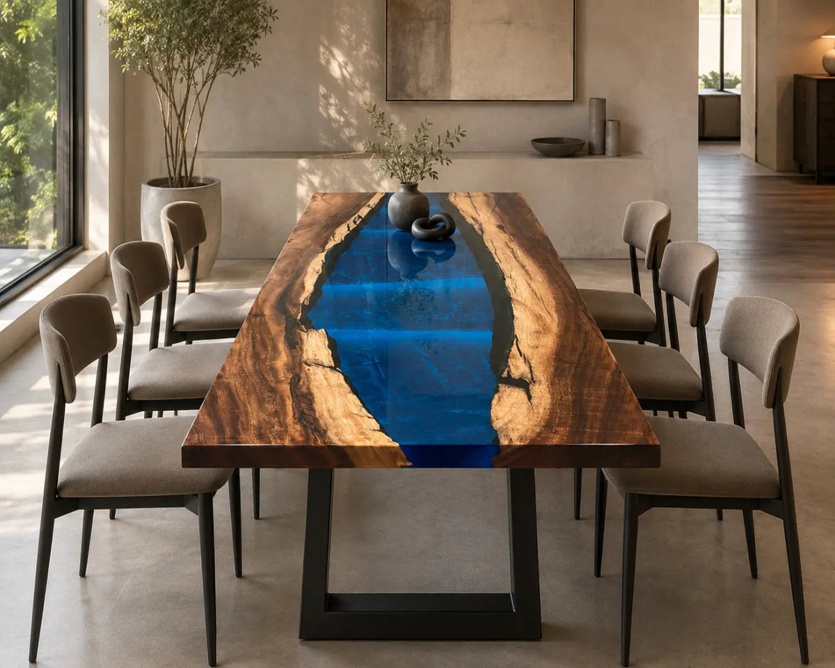 EDTC09 Deepwater Hollow Deep Blue Epoxy Walnut Dining Table featuring handcrafted walnut wood and deep blue resin-1