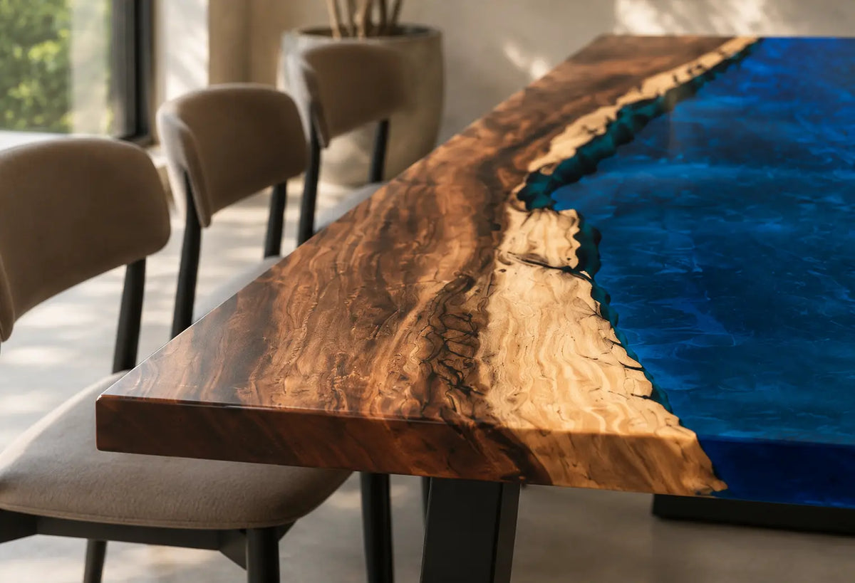 EDTC09 Deepwater Hollow Deep Blue Epoxy Walnut Dining Table featuring handcrafted walnut wood and deep blue resin-3
