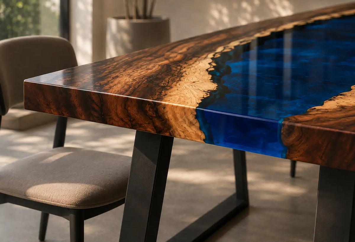 EDTC09 Deepwater Hollow Deep Blue Epoxy Walnut Dining Table featuring handcrafted walnut wood and deep blue resin-4