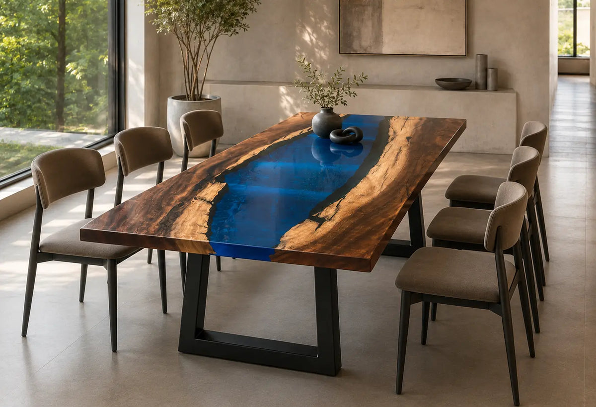 EDTC09 Deepwater Hollow Deep Blue Epoxy Walnut Dining Table featuring handcrafted walnut wood and deep blue resin-5