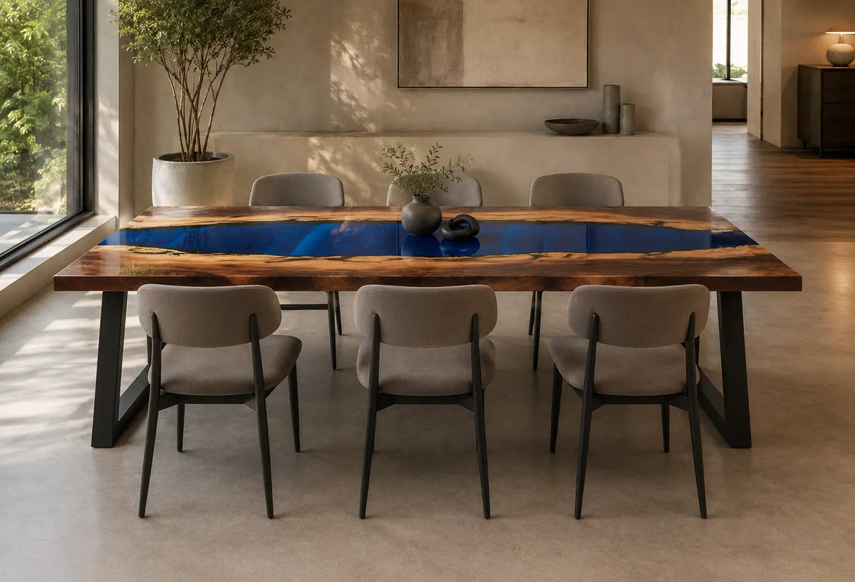 EDTC09 Deepwater Hollow Deep Blue Epoxy Walnut Dining Table featuring handcrafted walnut wood and deep blue resin-6
