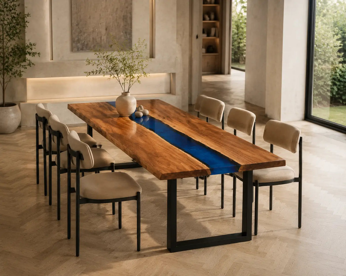 EDTC10 Midnight Channel Navy Blue Epoxy Walnut Dining Table featuring handcrafted walnut wood and navy blue resin-1