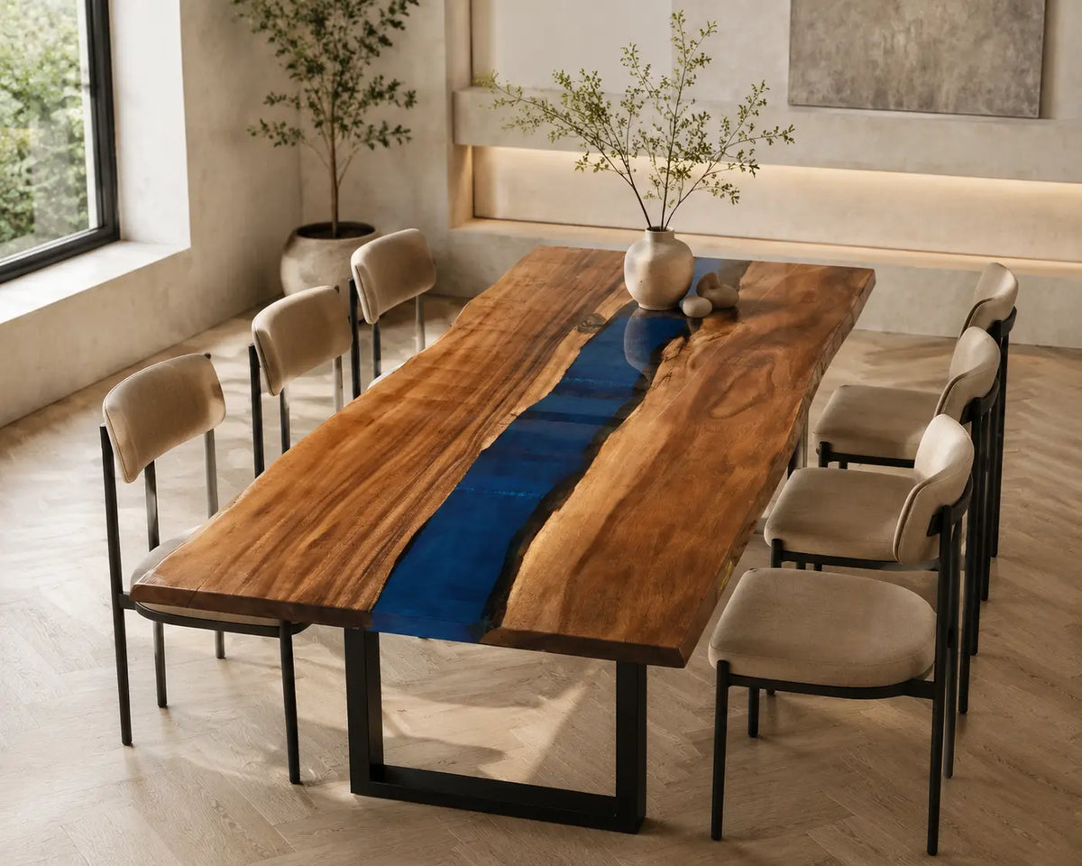 EDTC10 Midnight Channel Navy Blue Epoxy Walnut Dining Table featuring handcrafted walnut wood and navy blue resin