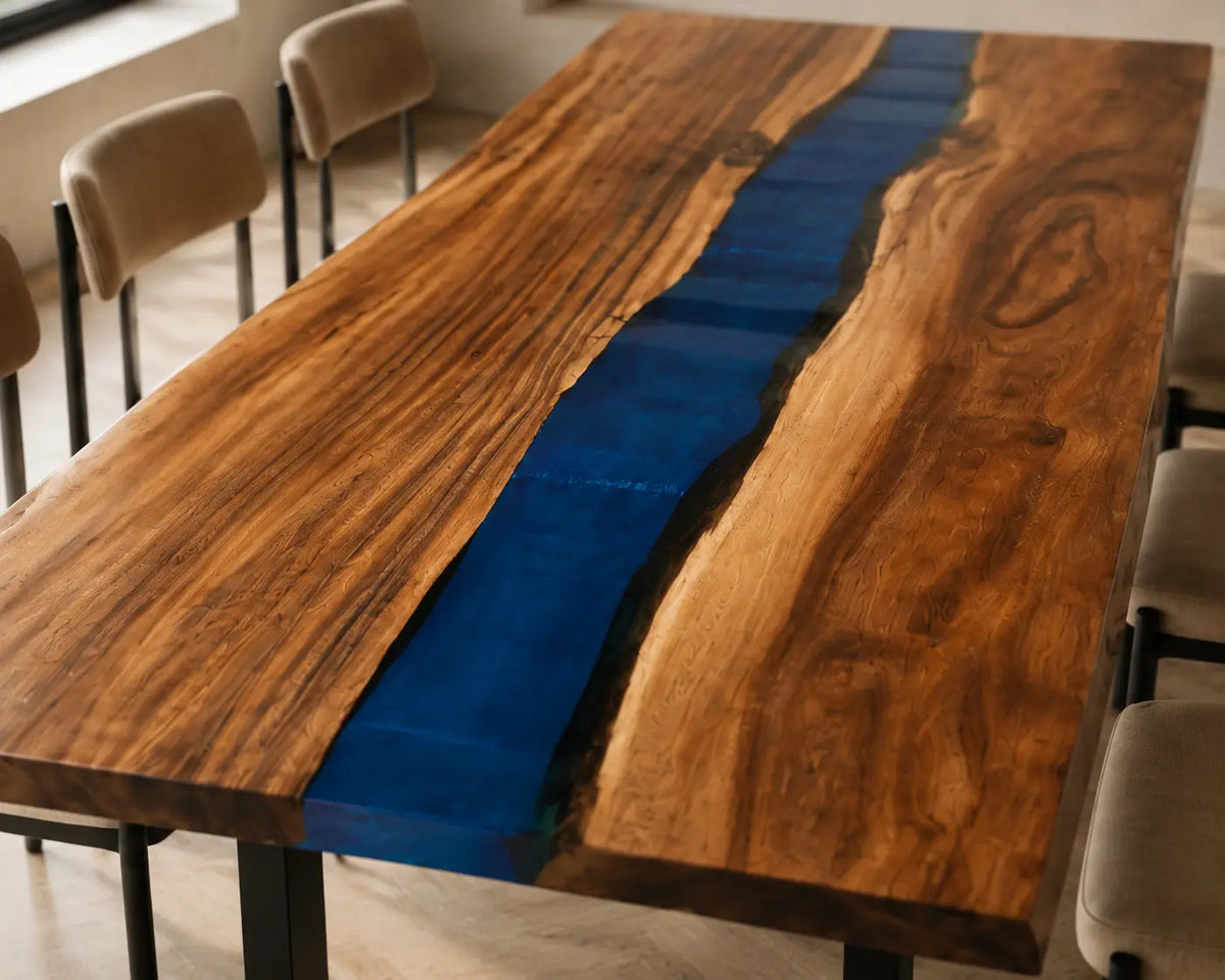 EDTC10 Midnight Channel Navy Blue Epoxy Walnut Dining Table featuring handcrafted walnut wood and navy blue resin-3