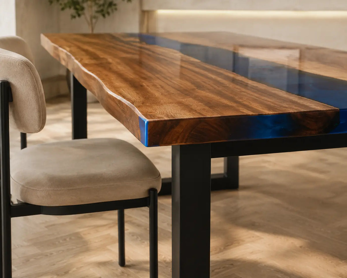 EDTC10 Midnight Channel Navy Blue Epoxy Walnut Dining Table featuring handcrafted walnut wood and navy blue resin-4