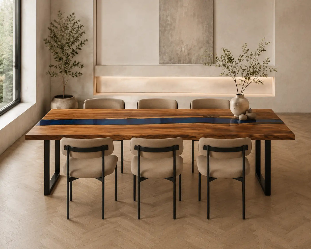 EDTC10 Midnight Channel Navy Blue Epoxy Walnut Dining Table featuring handcrafted walnut wood and navy blue resin-5