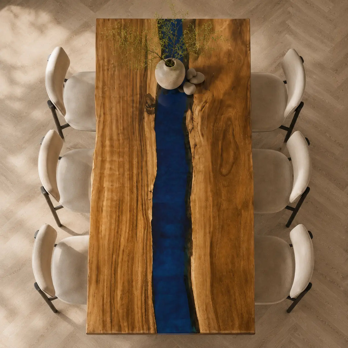 EDTC10 Midnight Channel Navy Blue Epoxy Walnut Dining Table featuring handcrafted walnut wood and navy blue resin-6